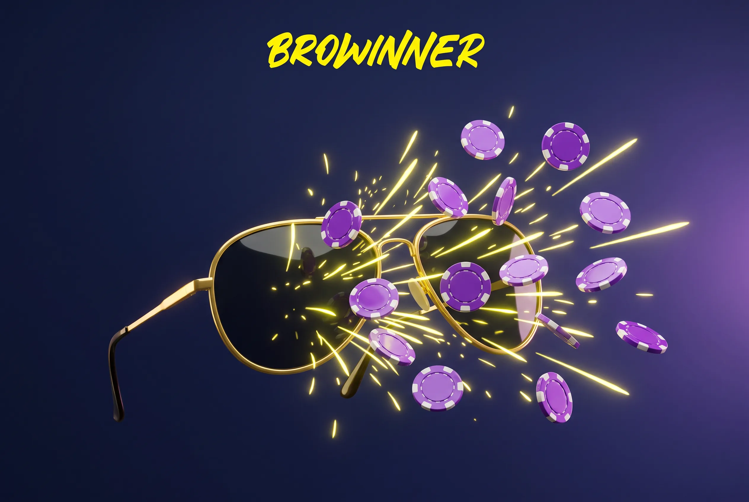 Aviator-Brille mit goldener Fassung und violetten Casinochips